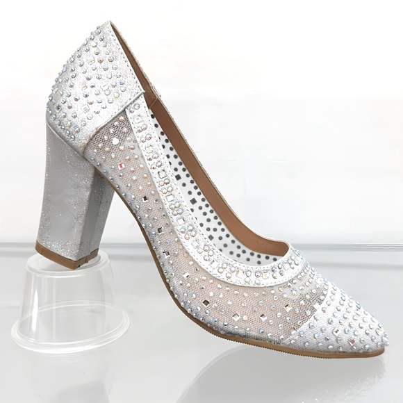 Dress Shoe Silver Chunky Heel Closed Pointed Toe - Picture 3 of 5